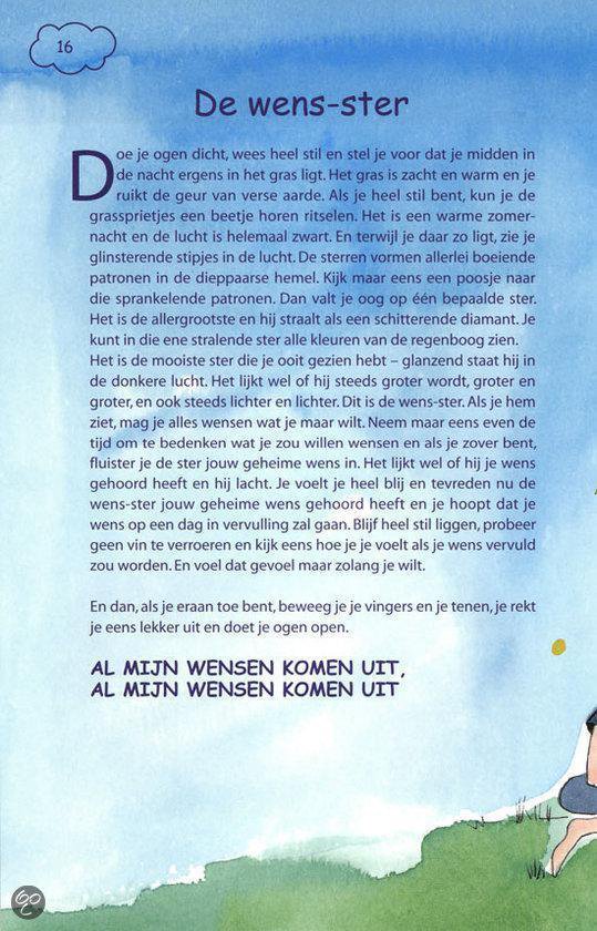 Pagina 16 van 'De wens ster' met tekst en een illustratie van een groene weide en een ster.