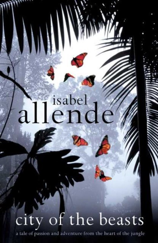 Boek 'City of the Beasts' van Isabel Allende, met vlinders op een jungle achtergrond.