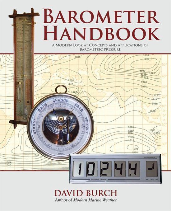 Boekomslag met de titel 'Barometer Handbook'. Een antieke barometer en een moderne digitale barometer links en rechts van de titel.
