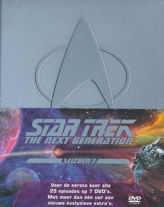 Star Trek: The Next Generation Seizoen 7 DVD-box met logo en ruimte-afbeelding. Bevat 25 afleveringen en extra's.