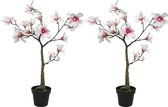 2x Witte/roze Magnolia/beverboom kunsttakken kunstplanten 102 cm in pot - Kunstplanten/kunsttakken