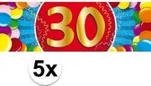 5x 30 jaar leeftijd stickers 19 x 6 cm - 30 jaar verjaardag/jubileum versiering 5 stuks