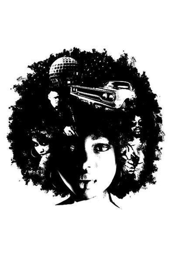 Zwart-wit illustratie van een gezicht omringd door een grote afro met daarin een discobal, een auto en vier gezichten.