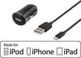 DELTACO USB-CAR203 Chargeur voiture iPhone avec connexion Lightning, MFi, câble 1m, noir