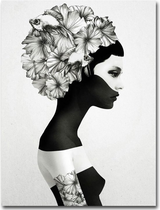 Bediening mogelijk Psychologisch Vorming Postercity - Design Canvas Poster Zwart/Wit Vrouw met Bloemen Haar /  Kinderkamer /... | bol.com