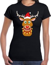 Foute Kerst t-shirt met rendier Rudolf rode muts zwart voor dames M
