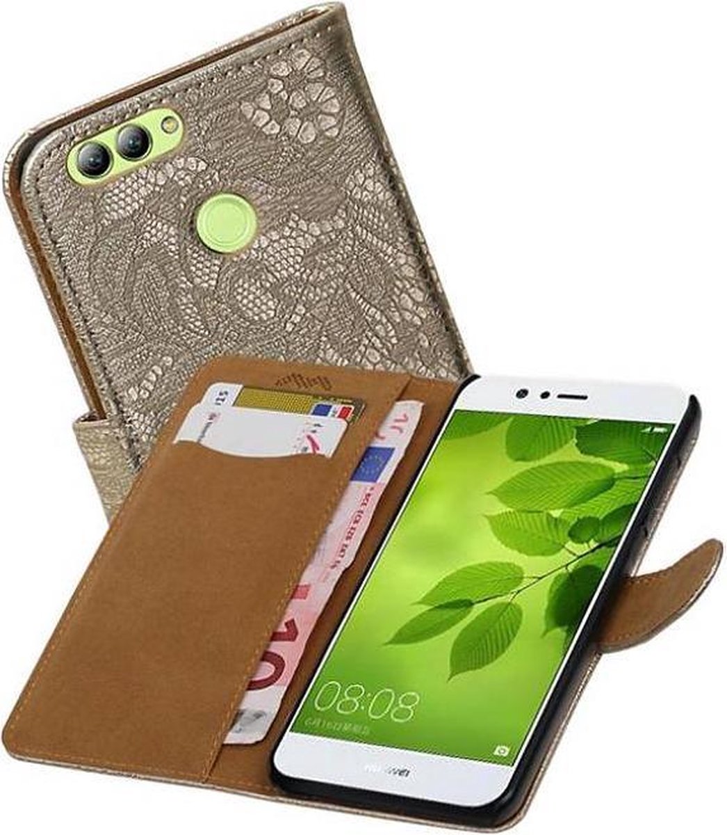Lace Bookstyle Wallet Case Hoesjes Geschikt voor Huawei Nova 2 Goud