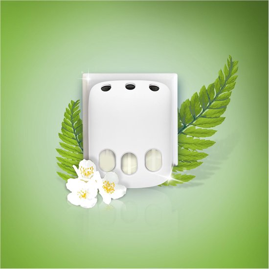 Ambi Pur 3Volution witte elektrische luchtverfrisser met drie roze geur capsules, omgeven door groene varens en witte bloesems.