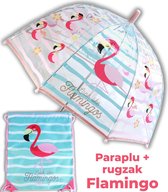 Paraplu Flamingo + rugzak meisjes | doorzichtige koepelparaplu Ø70cm kind | gymtas US02