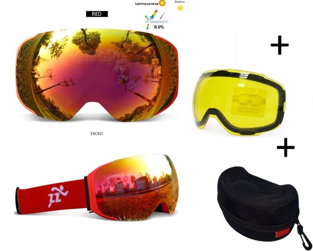 Goggle / Skibril met EXTRA magnetische lens All red frame Rood AX type 4 Cat. 0 tot 4 - ☀/☁