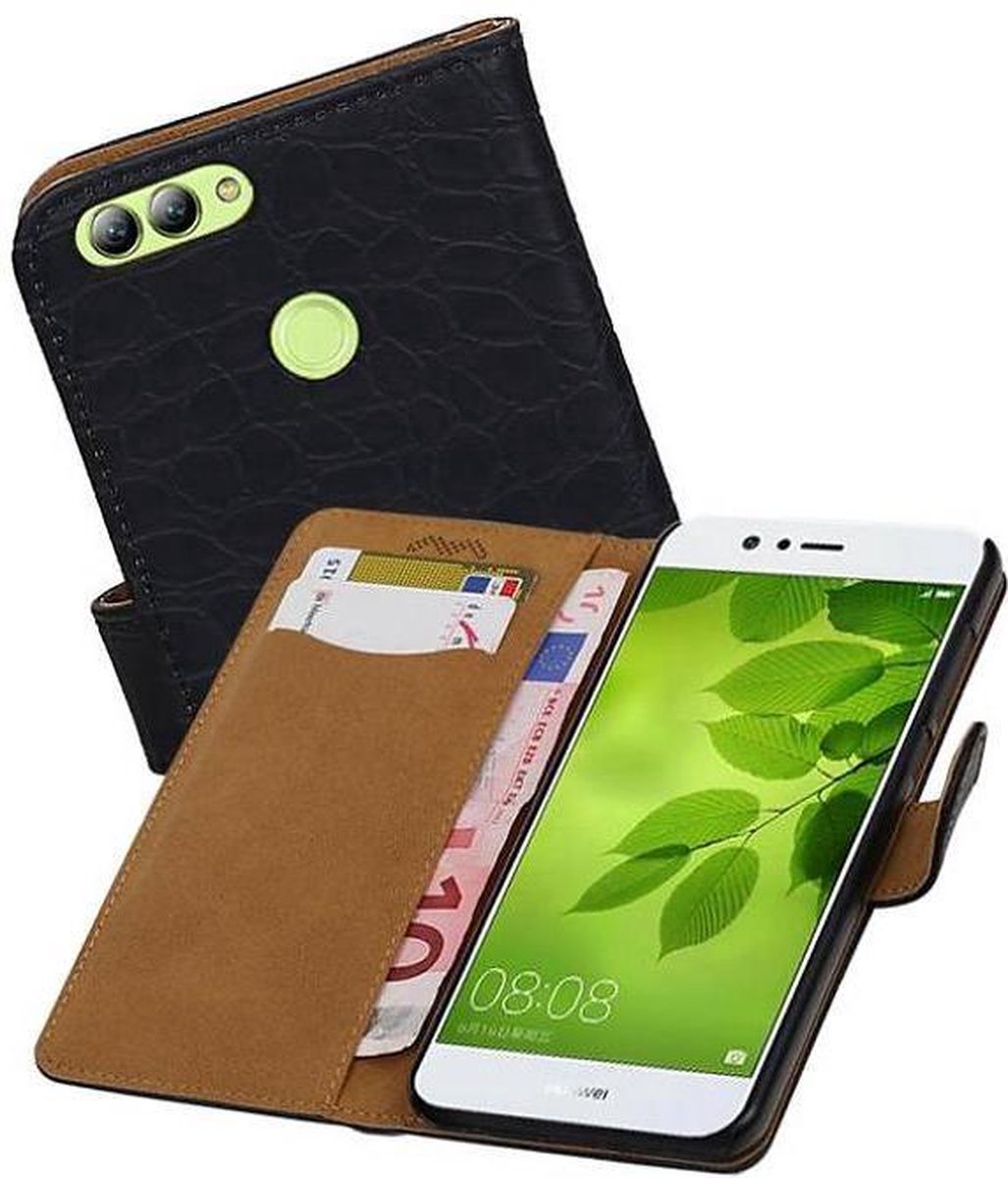 Croco Bookstyle Wallet Case Hoesjes Geschikt voor Huawei Nova 2 Zwart