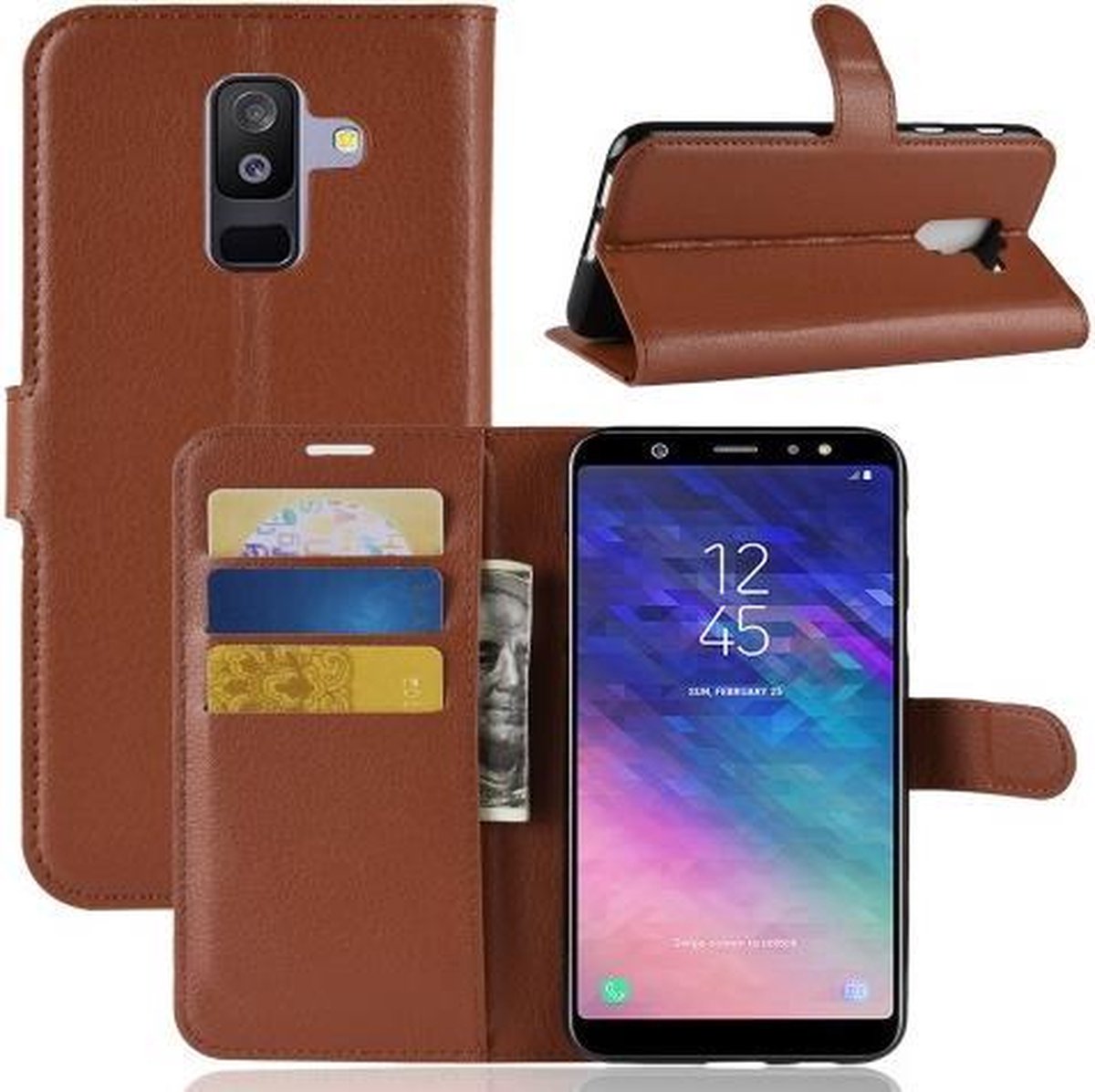 Samsung Galaxy A6 Plus (2018) Hoesje Bruin met Opbergvakjes