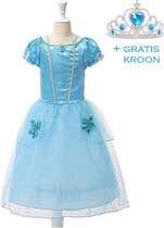 Assepoester jurk Prinsessen jurk verkleedjurk 104-110 (120) blauw met broche meisje + blauwe kroon