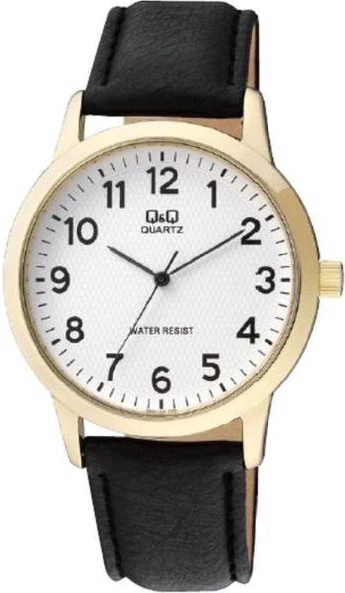 QQ Q946J104Y - Horloge - Analoog - Heren - Mannen - Leren band - Rond - Staal - Cijfers - Zwart - Goudkleurig - Wit