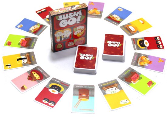 Het kaartspel Sushi Go! met de doos in het midden en kaarten verspreid in een cirkel, waaronder sushi, tempura en dumplings.