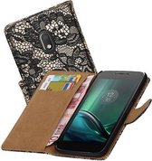 Lace Bookstyle Wallet Case Hoesjes Geschikt voor Moto G4 Play Zwart
