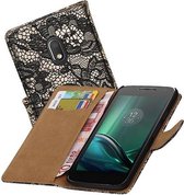 Lace Bookstyle Wallet Case Hoesjes voor Moto G4 Play Zwart