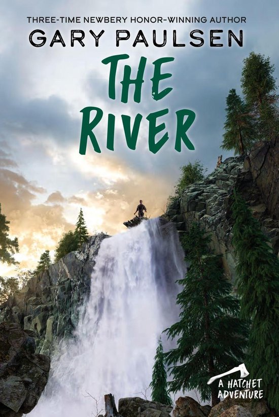 Boekcover van "The River" door Gary Paulsen, met een man op een kano die van een waterval afvaart.