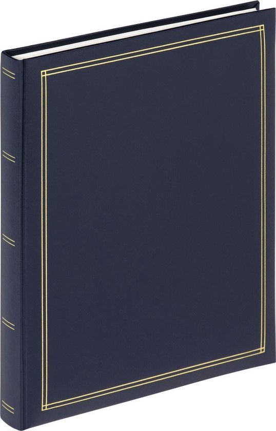 Donkerblauw fotoalbum met gouden randen en rug