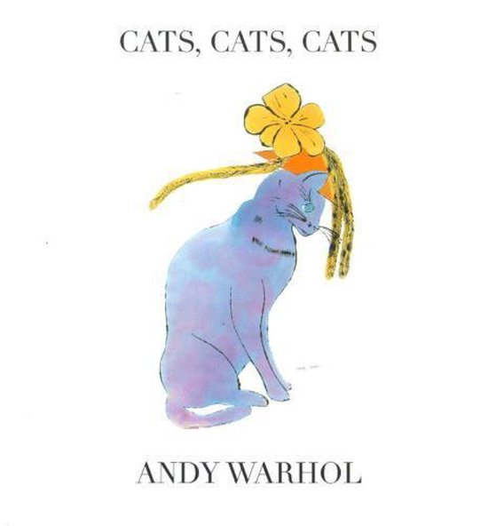 Andy Warhol's 'Cats, Cats, Cats' boekomslag met een paarse kat met een gele bloem op zijn hoofd.