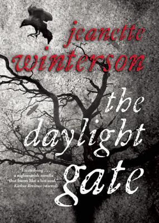 Couverture du livre avec la silhouette d'un corbeau et les branches d'un arbre. Le titre 'the daylight gate' est en lettres blanches.