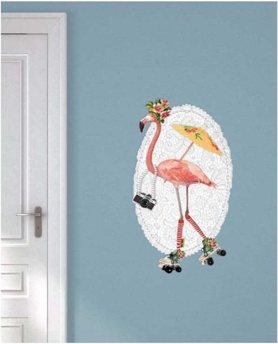 Muursticker Flamingo op rolschaatsen
