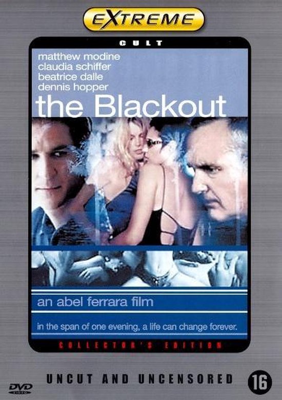 Filmposter 'the Blackout' met Matthew Modine, Claudia Schiffer, Beatrice Dalle en Dennis Hopper. Tekst 'an abel ferrara film'.