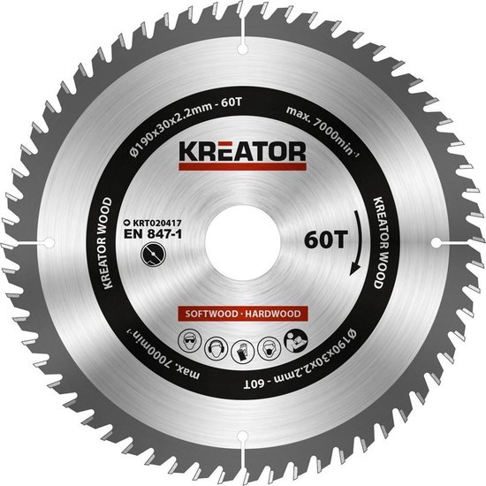 Kreator zaagblad 190mm met 60 tanden voor hout, max. 7000 omw/min.