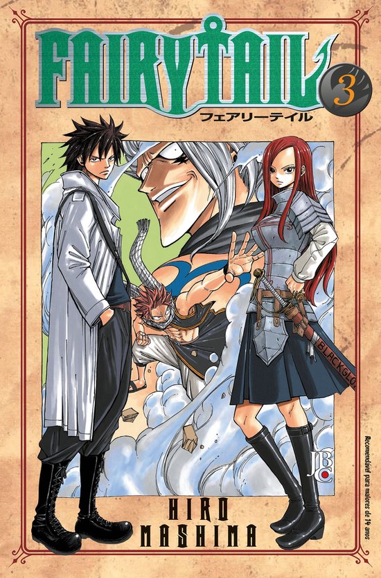 Fairy Tail 3 manga cover met Natsu, Lucy, Gray, Erza en een grote lachende man. Natsu is omringd door rook.