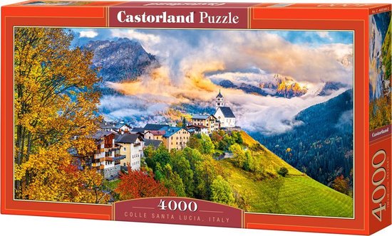 Castorland 4000-delige puzzeldoos met afbeelding van het dorp Colle Santa Lucia, Italië, omgeven door herfstbomen en bergen.