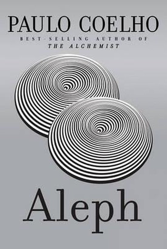 Boek 'Aleph' van Paulo Coelho, met op de cover twee witte cirkels met een zwart spiraalpatroon tegen een grijze achtergrond.