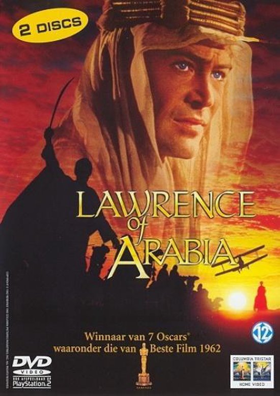 Lawrence of Arabia DVD-hoes met een close-up van Peter O'Toole in woestijnkleding. Tekst: 2 Discs, Lawrence of Arabia, Winnaar van 7 Oscars.