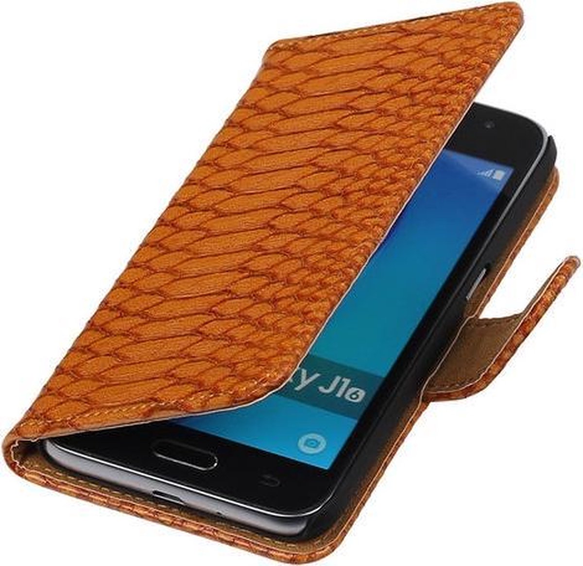 Bruin Slang booktype cover hoesje voor Samsung Galaxy J1 (2016)