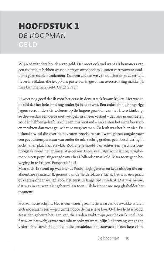 Tekstpagina met de titel Hoofdstuk 1 De Koopman en Geld, met de tekst over Nederlanders en geld.
