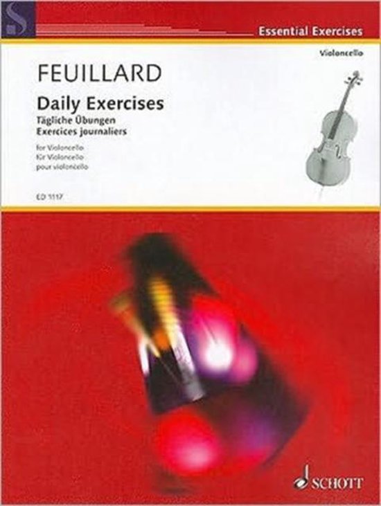 Couverture de livre avec 'Daily Exercises' de Feuillard pour violoncelle, avec une illustration de violoncelle.