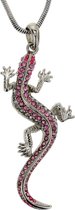 Ketting zilver kleur met salamander met roze steentjes