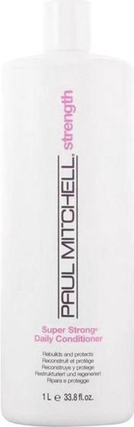 Witte fles Paul Mitchell Super Strong Daily Conditioner 1L met roze tekst.