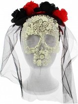 Zac's Alter Ego Kostuum Haarband Black/red glitter rose and veil with large skull Zwart/Rood