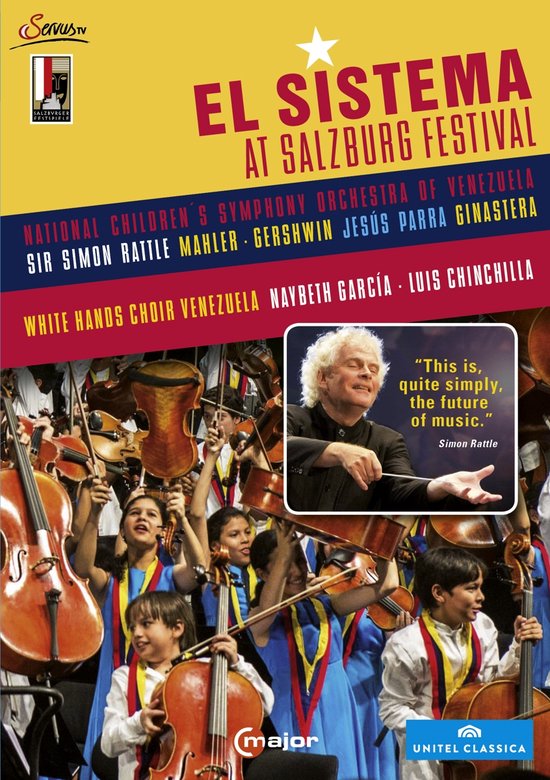 Sir Simon Rattle dirigeert een orkest van kinderen op het Salzburger Festspiele, met citaat.