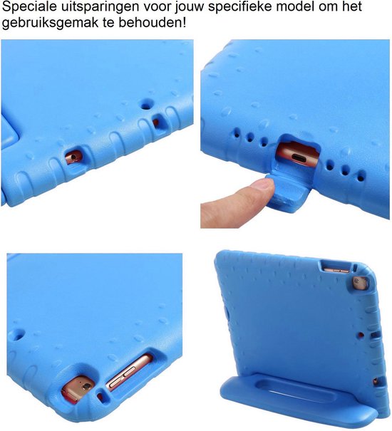 Details van het blauwe iPad-hoesje: uitsparingen voor knoppen en poorten, en de uitklapbare standaard.