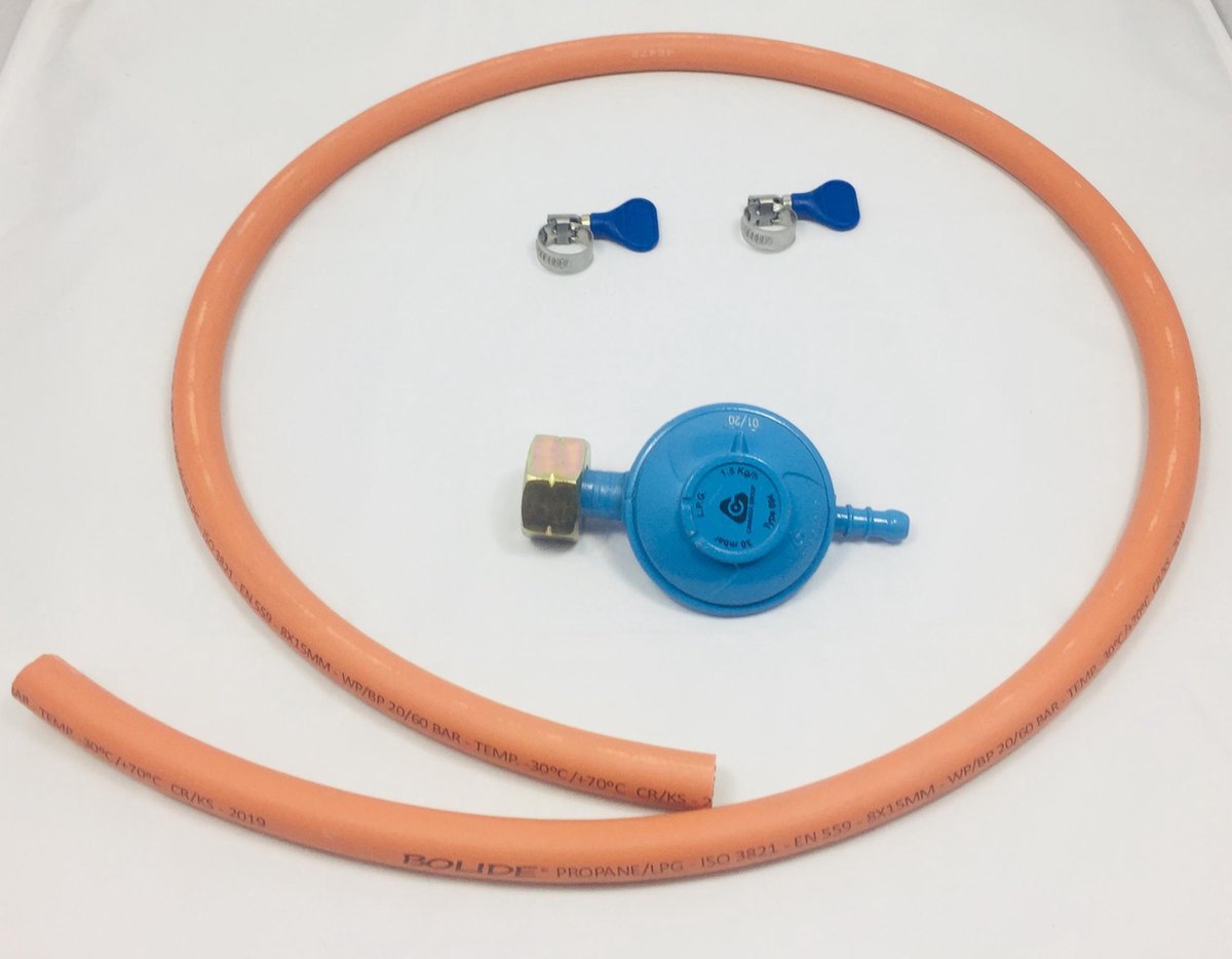 Gasslang installatieset drukregelaar + 1.5 meter slang + 2 slangklemmen - Hinnengas