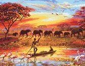 2.0 Products - Dieren - Landschap - Schilderen op nummer volwassenen - Paint by number - 40 x 50 CM - Olifant - Zon - Afrika