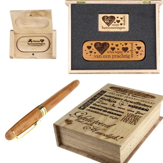 Origineel huwelijkscadeau - gegraveerde kist met 32GB houten USB en bamboe  vulpen in... | bol.com