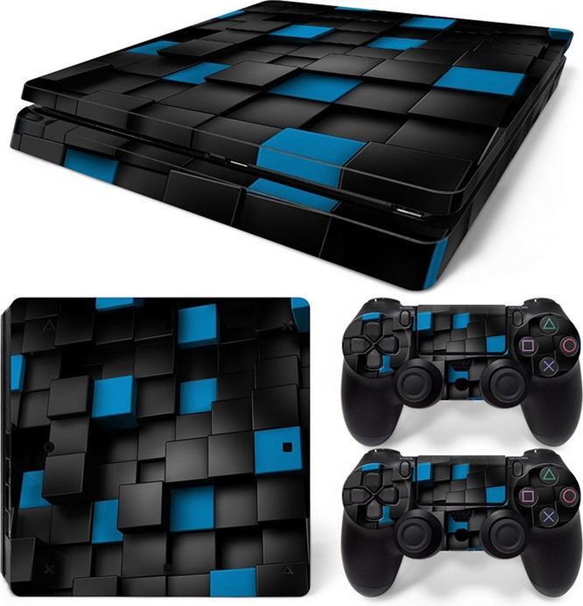 PS4 Slim Sticker Blue Cubes - PS4 Slim Blauwe Vierkantjes Skin Sticker - 1 Console Skin + 2 Controller Skins - Merkloos