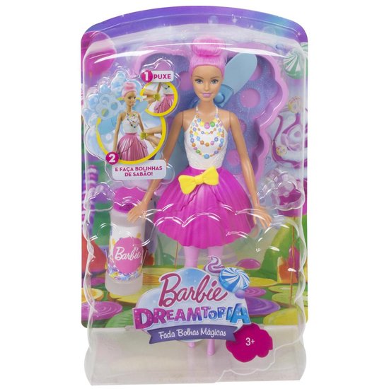 Barbie Dreamtopia zeemeermin met roze haar, witte top met kralen en roze rok. In verpakking met zeep en accessoires.