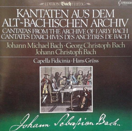 Albumcover met "Kantaten aus dem Alt-Bachischen Archiv" en een gravure van musici uit de 17e eeuw.