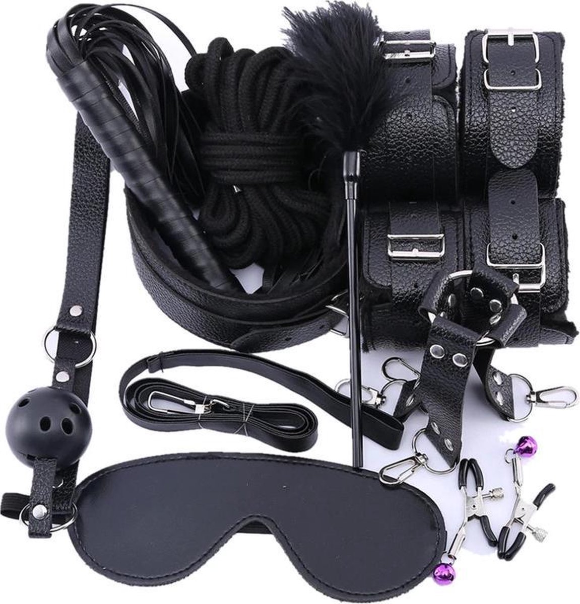 Goedkoopste BDSM Bondage Set 10 Delig, Zweepje Flogger, Knevel Bal, Masker, Tepelklemmen, Halsband Met Riem, Handboeien, Enkelboeien, Hogtie, Kietelaar, Touw