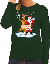 Foute kersttrui / sweater dronken kerstman en rendier Rudolf na kerstborrel/ feest groen voor dames - Kersttruien XS (34)