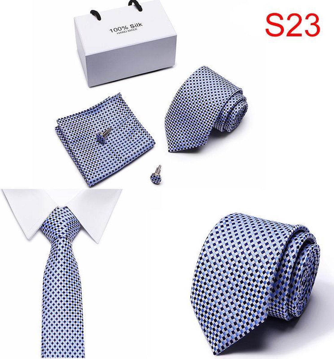 Luxe 3-delige Set Stropdas, Zakdoek en Manchetknopen - Blauw