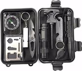 Survival kit zwart - Waterproof - Multitool kit voor buiten - met Mes Kompas Fluitje Zaklamp etc
